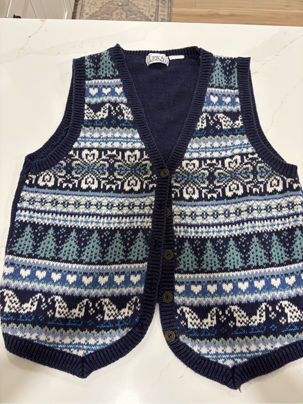 Vintage Erika Navy Fair Isle Christmas Knit Vest with Teal and Blue Accents